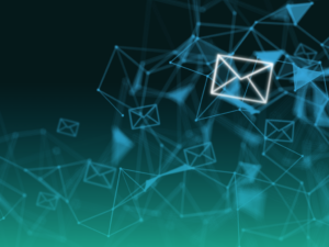 Abstract digital illustration of interconnected email icons, symbolizing email security, monitoring, and detection.