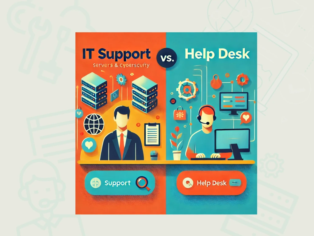 A vibrant and colorful illustration of a business professional standing at a futuristic forked path, symbolizing a decision-making process for choosing an IT support model. One path, glowing in warm orange hues, represents 'In-House IT' with a gear icon inside a cloud. The other path, illuminated in cool blue tones, represents 'Managed IT Services' with a headset icon inside a cloud.